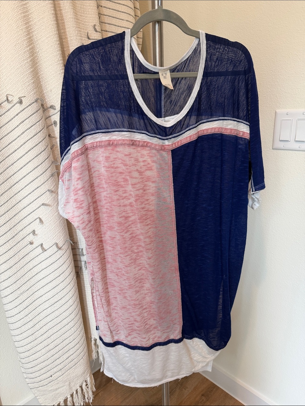 We The Free Sheer Colorblock V-Neck Women’s Top - Navy & Pink